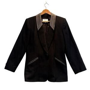 Kasper for ASL Jacket Women 14 Black Blazer 100% Wool Leather Collar One Button
